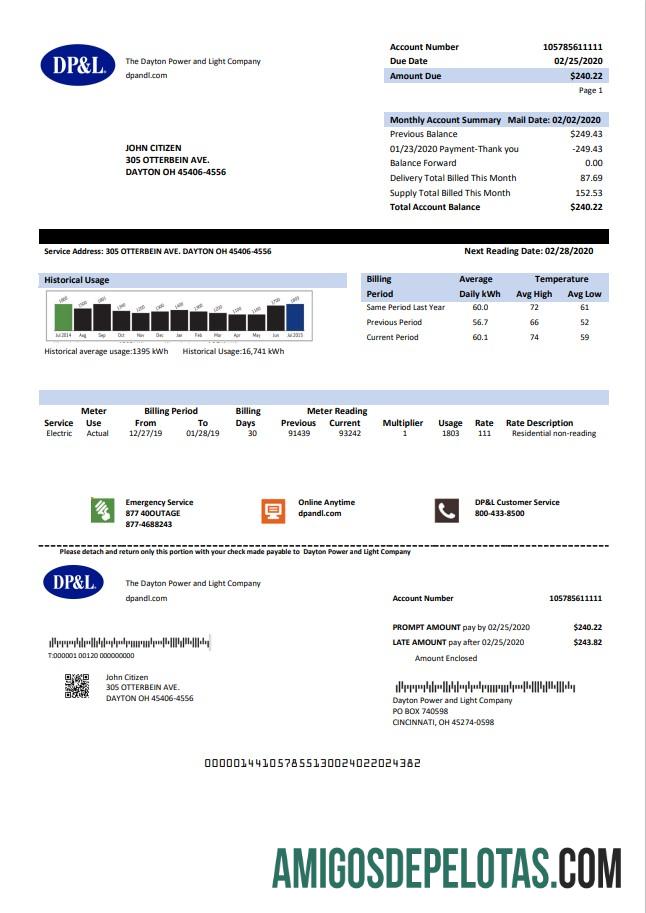 Em branco modelo de conta de serviços públicos EUA Ohio DP&L em formato Word e PDF